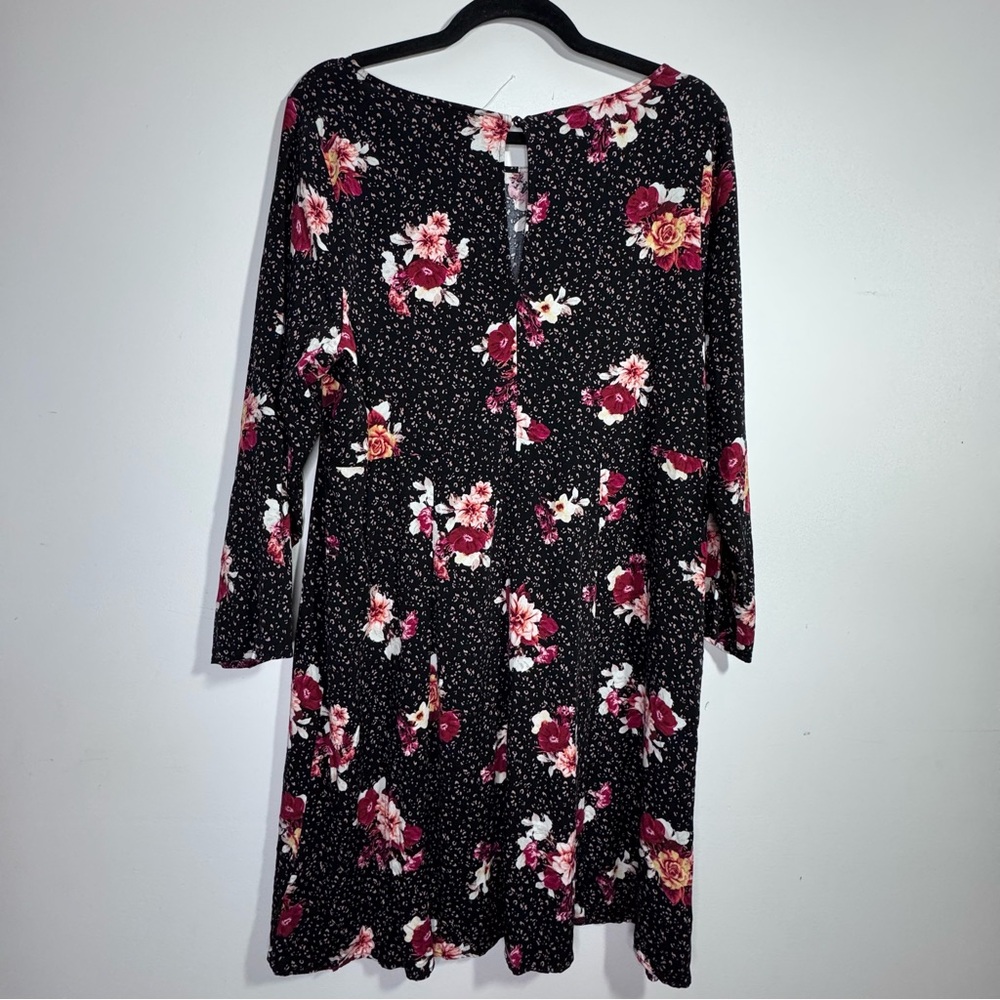 Torrid Size 2 Floral Dress Black Pink Rose Fit Flare 3/4 Sleeve - Picture 2 of 6